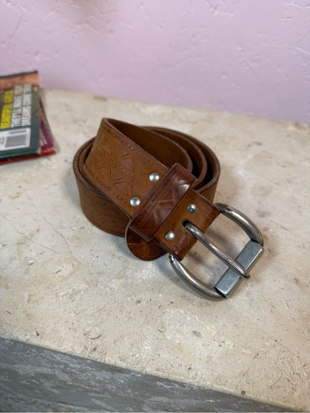 Brown Tooled Genuine Leather Western Belt 35.5”L